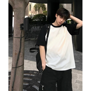 抖音得物高品质二开240克宽松纯棉美式潮牌插肩袖拼接短袖T恤图片