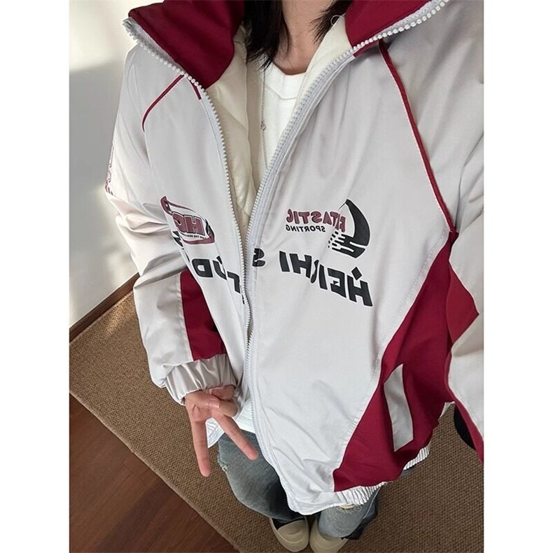 美式复古撞色机车棉服男冬季高级感加厚情侣外套oversize美式棉衣图片