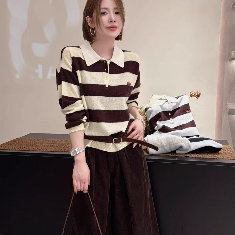 2025年秋季时尚百搭通勤简约休闲POLO领大条纹，女装针织衫/毛衣，恒旺羊绒