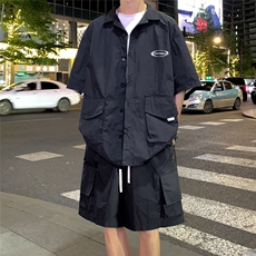 港风新款夏季时尚开衫工装短袖美式垂感短裤套装TZ613801P75控98，男装牛仔裤，电商A268A