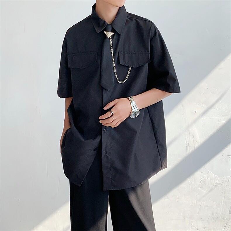 小众设计感短袖衬衫男jk制服夏季领带装饰宽松休闲衬衣2338-p65图片