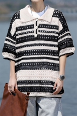 8XL-M特大码美式复古条纹撞色针织POLO衫翻领休闲短袖TDX311P35，男装T恤，电商D206-1