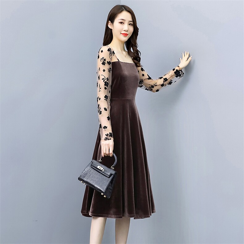2021春季新款简约气质优雅时尚舒适金丝绒连衣裙,女装连衣裙,贵人树
