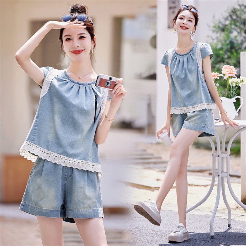 今年流行牛仔套装女夏薄款小个子时尚洋气时髦2025新款短裤两件套，女装套装/套裙，意芙