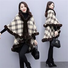 芷墨冬装新款时尚简约冬装经典格纹斗篷外套加绒加厚，女装毛呢外套，芷墨服饰