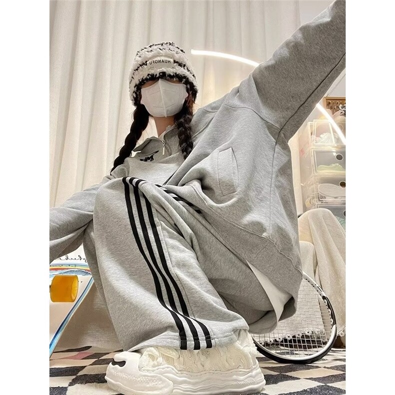 美式炸街休闲运动服套装上衣女学生春秋宽松立领半拉链卫衣,男装休闲套装,星座1210-1