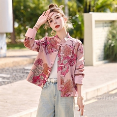 现货新中式短外套女2026春季新款高级感复古盘扣提花粉色唐装上衣，女装短外套，依如秀(原杭风阁)