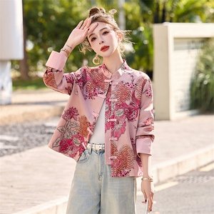 现货新中式短外套女2026春季新款高级感复古盘扣提花粉色唐装上衣图片