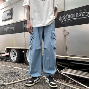 美式复古直筒伞兵工装裤潮牌男女秋季新款宽松蓝色阔腿裤灯笼裤图片