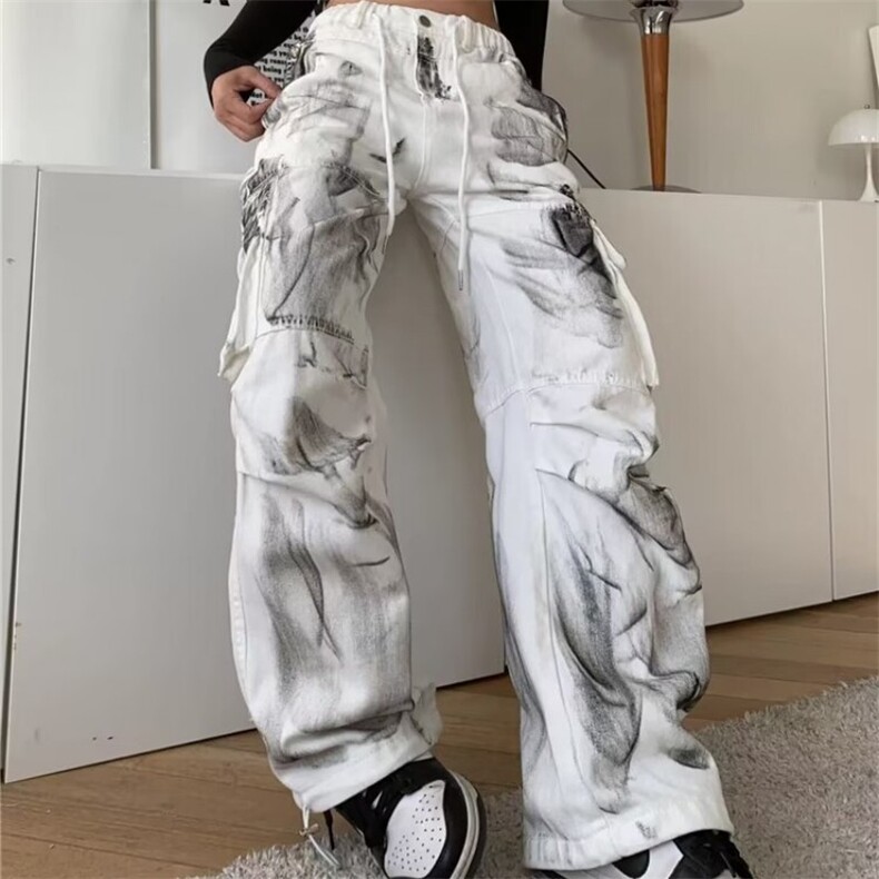 美式复古褶皱情侣休闲长裤男女多口袋阔腿工装牛仔裤裤NZK903网图,男装牛仔裤,星座302B-2