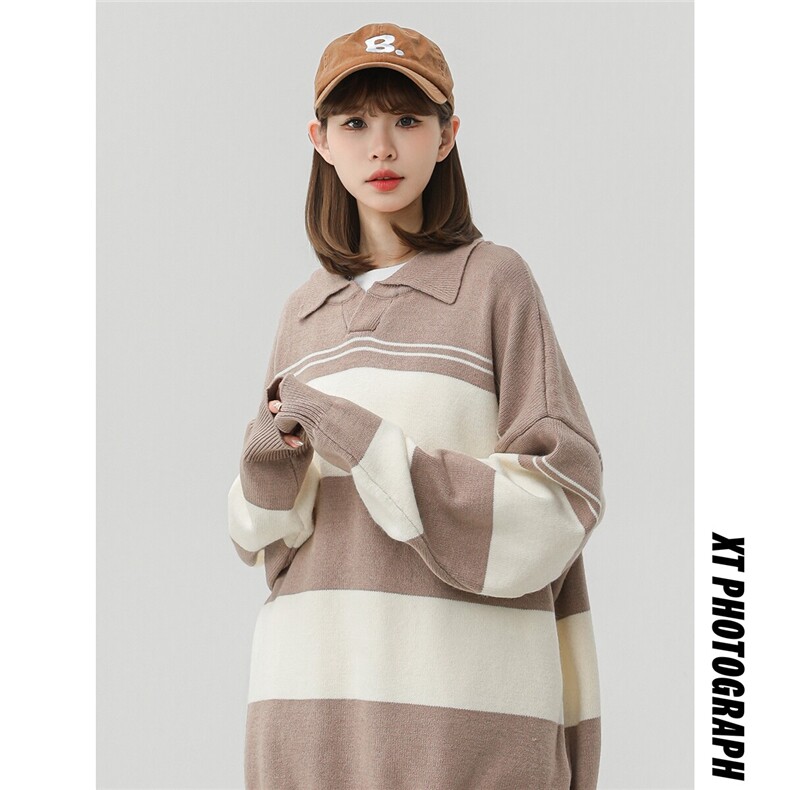 2602-P58复古条纹polo领毛衣男秋冬季慵懒风青少年小众情侣款，男装针织衫/毛衣，电商D310B