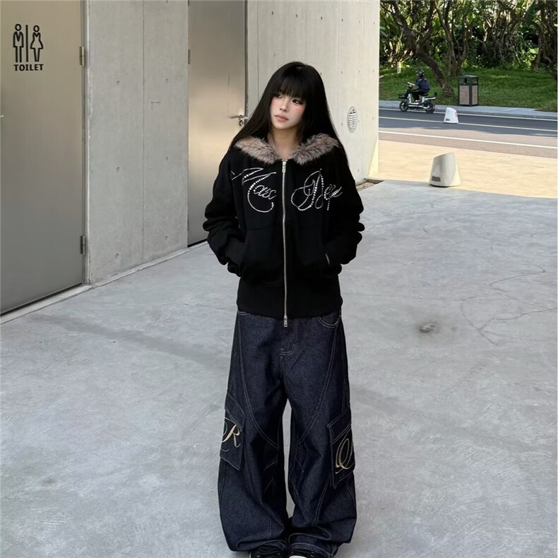 美式复古大口袋弯刀牛仔裤女春季新款大码胖MM宽松显瘦阔腿拖地裤，女装牛仔裤，星座506A