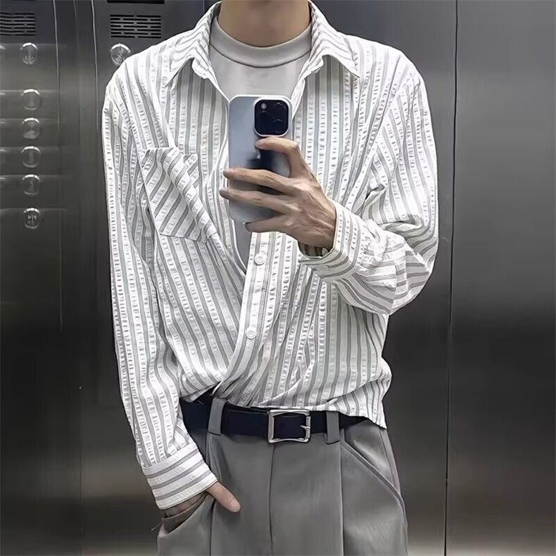 港风秋冬款男女竖条纹衬衫长袖衬衣外套cs591 P40图片