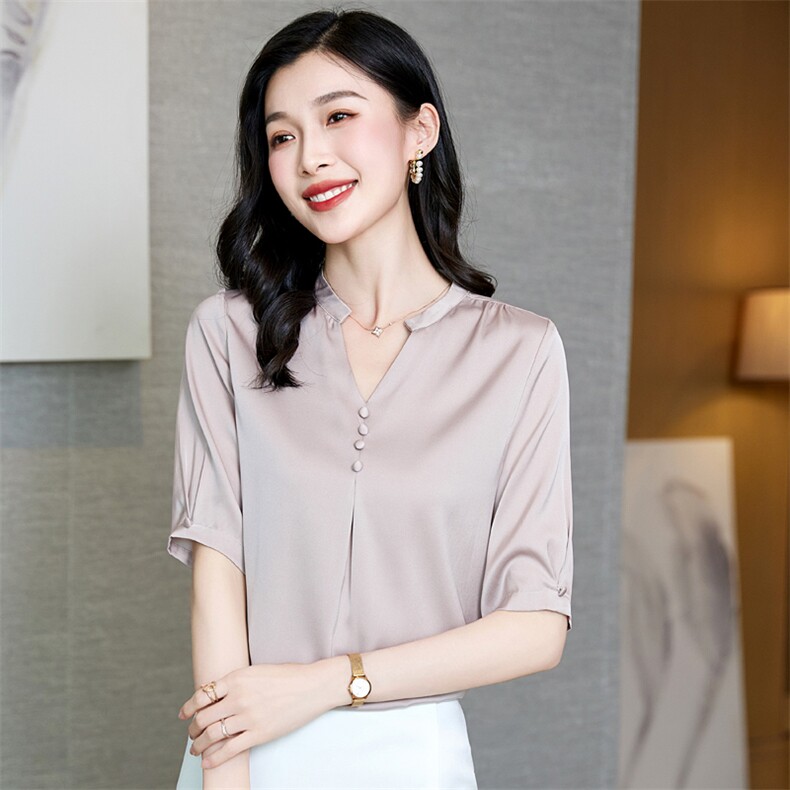 重磅真丝上衣V领气质知性百搭优雅桑蚕丝中袖衬衫大牌小衫通勤女,女装衬衫,阿舍尔精品