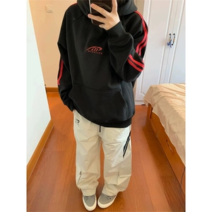 抖音得物高品质 480克全棉加绒加厚宽松织带连帽印花卫衣A2302图片