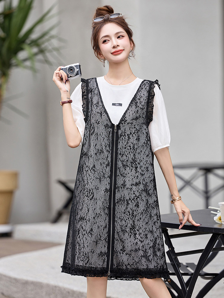 蕾丝背带裙连衣裙套装女夏小个子流行超火无袖背心裙两件套绝美,女装套装/套裙,半夏