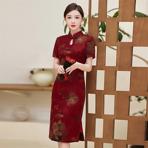 真丝花罗香云纱旗袍连衣裙2025夏季新款高端喜妈妈礼服桑蚕旗袍图片