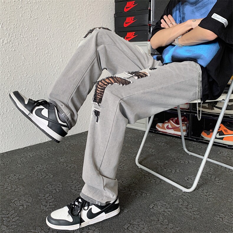 美潮浅灰夏季薄款宽松休闲直筒牛仔长裤男N0860-P48送链子,男装牛仔裤,星座308B-1