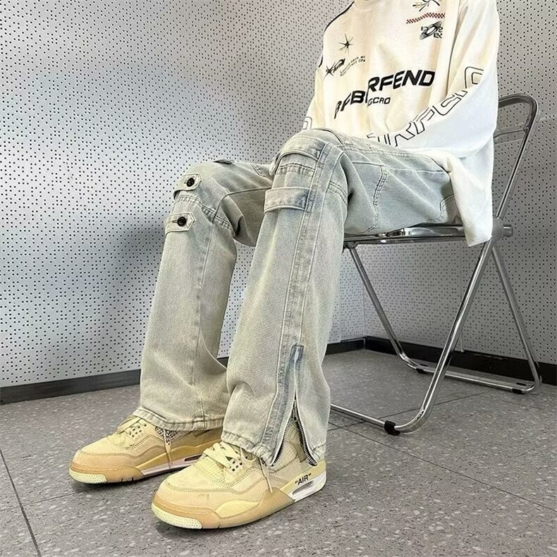 美式高街vibe水洗开叉直筒牛仔裤日常长裤中腰青少年无弹潮6020,男装休闲裤,星座506