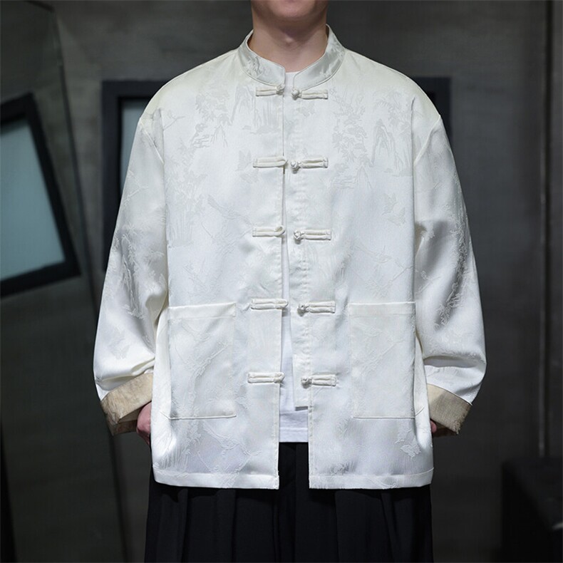 新中式男士风衬衫盘扣翻袖子花纹开衫A021-KS513-P85控98，男装衬衫，电商A021