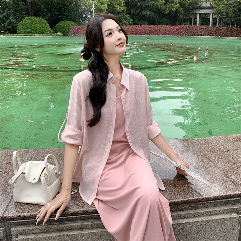 衬衫吊带连衣裙两件套女2024爆款休闲防晒衬衣今年流行漂亮套装裙,女装套装/套裙,鑫慧