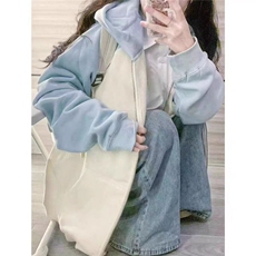 美式复古外套卫衣女2025新款早秋款宽松oversize连帽插肩撞色开衫，女装短外套，星座506A