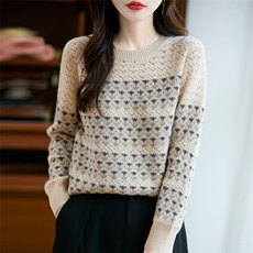 2025年秋季长袖时尚百搭通勤简约休闲嵌花撞色费尔岛，女装羊毛衫，三莲羊绒