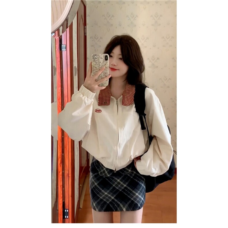 韩系超好看刺绣格纹夹克外套女秋季新款复古宽松休闲短款棒球服潮,男装夹克,星座1210-1