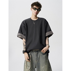 8XL-M格子翻边设计短袖tee男同款文艺休闲T恤上衣半截袖男DX342，男装T恤，电商D206-1
