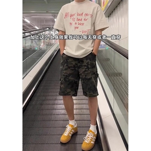 美式斜切迷彩短裤男款夏季潮牌复古高街工装裤子休闲弯刀五分中裤图片