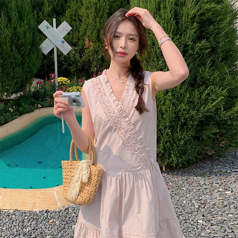 浅粉色木耳边无袖连衣裙女2025夏季新款韩系小个子甜美减龄背心裙,女装连衣裙,浙宝220