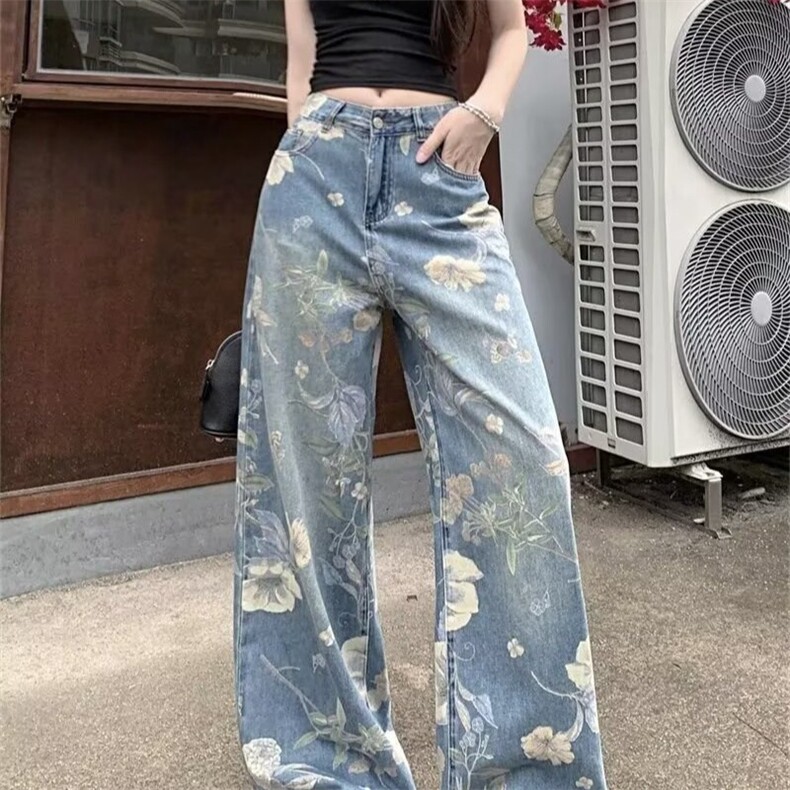 美式复古满印花小众设计直筒宽松牛仔裤男夏季高街vibe休闲阔腿裤,男装牛仔裤,星座506A