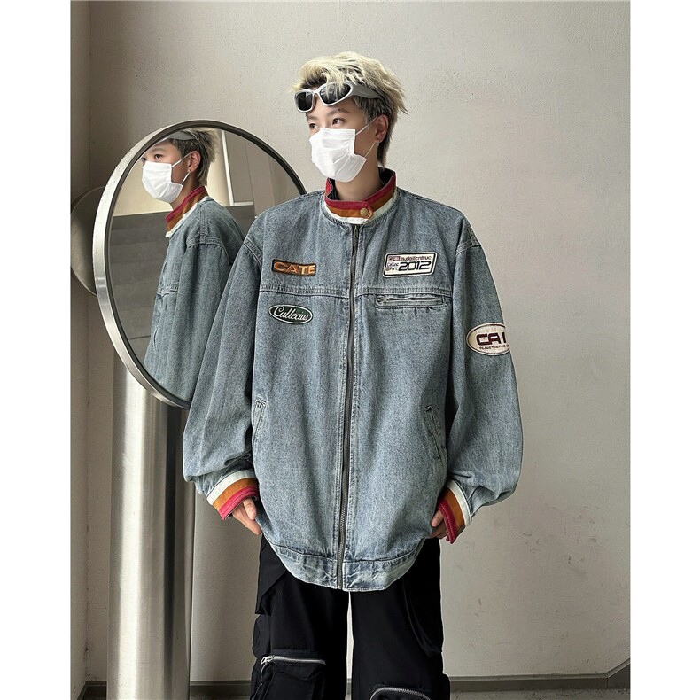 复古立领做旧情侣牛仔外套男春季贴布机车赛车服夹克上衣JK8945,男装夹克,星座1116A-1（原606A）