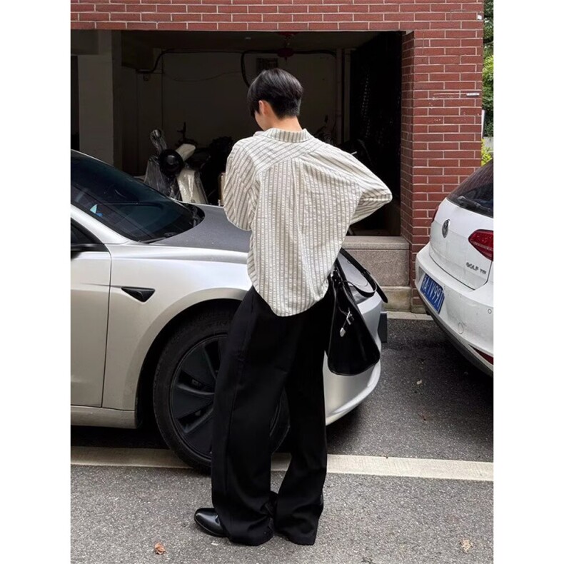 美式潮牌高街复古泡泡纱竖条纹日系肌理长袖衬衫男女休闲宽松衬衣,男装衬衫,电商A486
