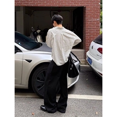 美式潮牌高街复古泡泡纱竖条纹日系肌理长袖衬衫男女休闲宽松衬衣，男装衬衫，电商A486