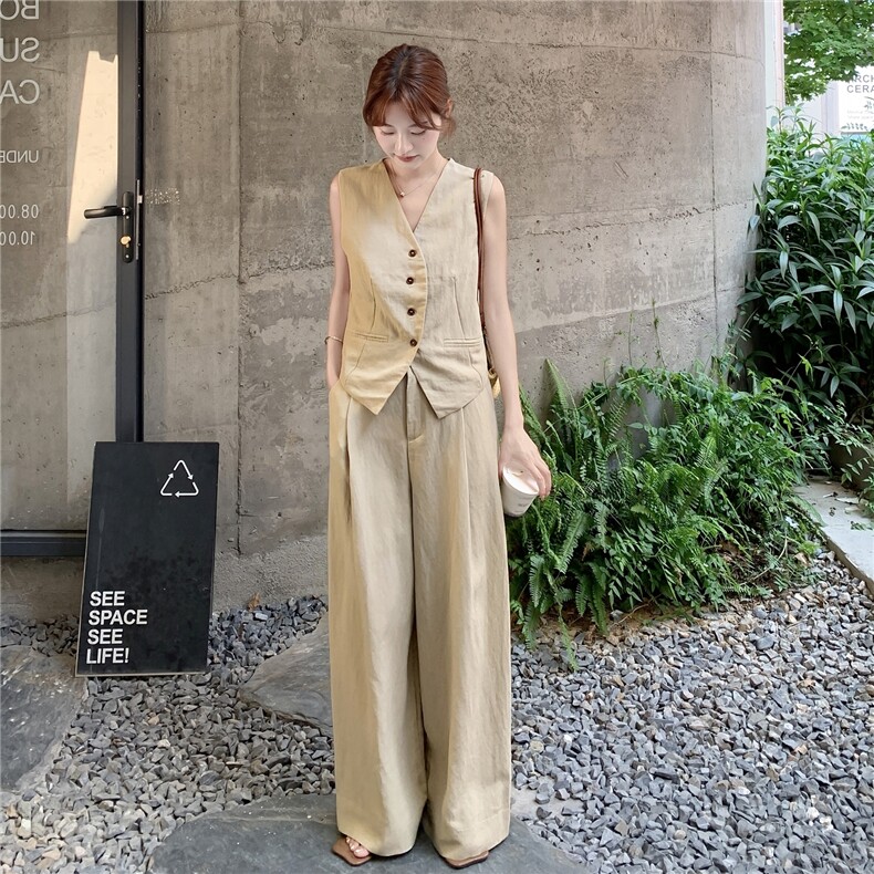 燕麦色气质通勤马甲套装女2025夏韩系松弛感宽松休闲阔腿裤两件套,女装套装/套裙,2C090