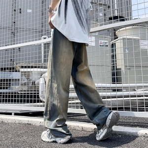漂白刷漆做旧工艺宽松男士牛仔长裤复古炸街阔腿裤直筒拖地裤图片