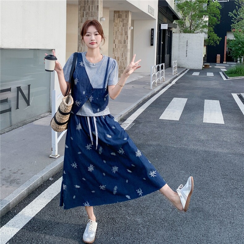 法式假两件短袖套装女2025夏季新款小个子轻熟风休闲半身裙两件套图片