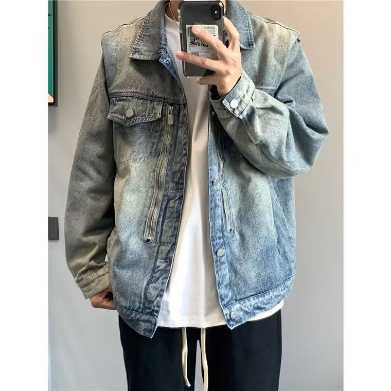 N1220-P65秋冬垫肩牛仔外套男网红潮牌水洗复古拉链，男装工装外套，电商B323A