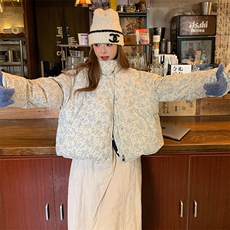 韩版复古碎花短款羽绒服女2025年冬季新款显瘦加厚立领白鸭绒外套，女装短外套，2C317