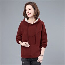 长期现货，冬季新款时尚休闲简约纯色螺纹直筒长袖加绒连帽卫衣，女装卫衣/绒衫，涵誉