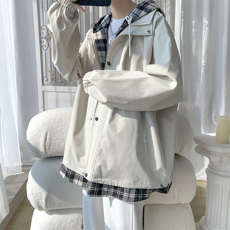 JK6006/P75春款现货假两件格子撞色连帽夹克男潮宽松大码上衣控99，男装夹克，电商A141