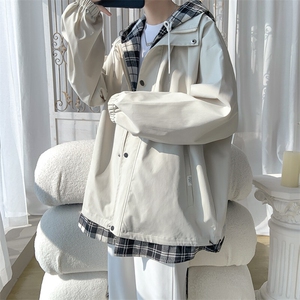 JK6006/P75春款现货假两件格子撞色连帽夹克男潮宽松大码上衣控99图片