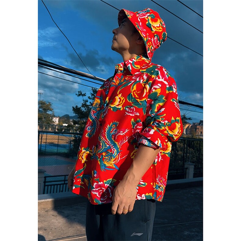 C203男士休闲长袖衬衫宽松文艺东北大花风民族衬衣喜庆情侣装，男装民族服装，星座115A-2