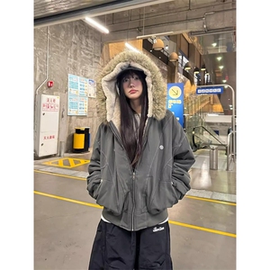 现货重磅boxy短款棉衣座山雕大毛毛领男女棉服水洗工装厚外套图片