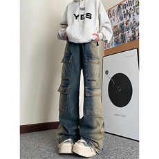 B221美式ins高街重工艺宽松做旧工装牛仔裤子LK23143-P80控108，男装牛仔裤，电商B221