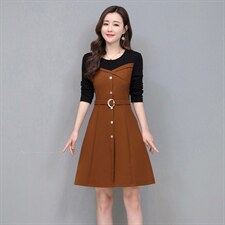 2021春季新款简约优雅气质圆领时尚撞色收腰显瘦连衣裙，女装连衣裙，江南富贵女