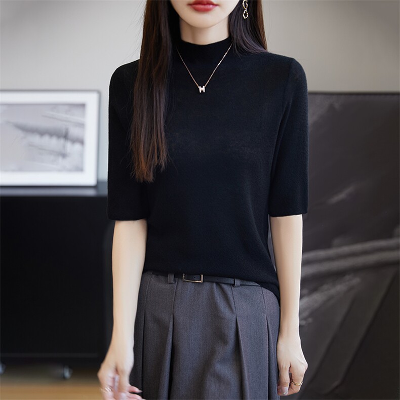 针织衫女夏薄款小众设计感短款修身显瘦半高领中袖紧身弹力打底衫，女装羊毛衫，朝思羊绒