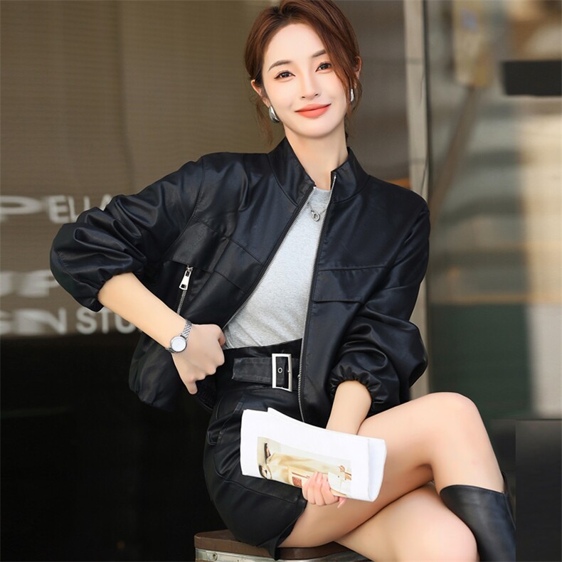 2024新款秋季宽松显瘦休闲皮衣夹克中古机车立领外套女黑色pu夹克,女装皮衣,欧兰熙