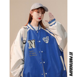 中性风秋季港风潮牌拼色休闲宽松棒球服复古夹克外套JK871P65控88图片